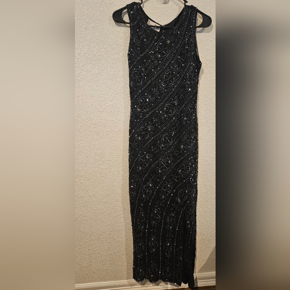 Laurence Kazar Black Beaded Formal Dress 100% Silk Small